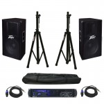 Peavey Pro Audio IPR2 7500 Pro Audio PA Speaker Power Amplifier 3000 Watt Amp with Stands, (2) Speakon to 1/4" Cables & (2) PV 115 Speakers
