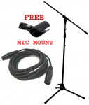 Vocal Stage or Instrument Boom Mic Microphone Tripod Stand FREE Mount & XLR Cables Package